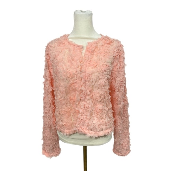 She + Sky Long Sleeve 3D Mesh Short Jacket Cardigan Flower appliqué in Pink - Picture 6 of 12